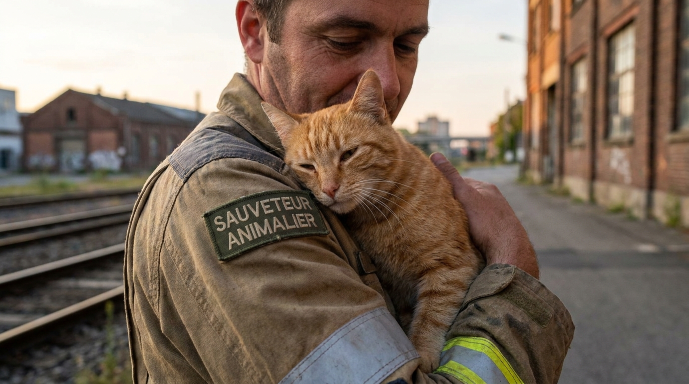 Un chat roux affectueux, surnommé Garfield, se blottit dans les bras d'un sauveteur après avoir survécu à un accident de train.