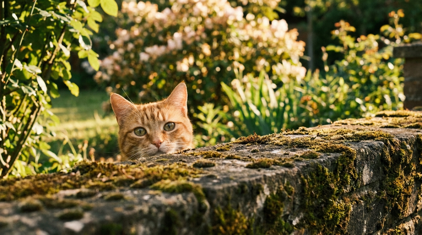 Un magnifique chat roux est assis sur un muret en pierre, regardant curieusement vers le jardin voisin sous un ciel ensoleillé.