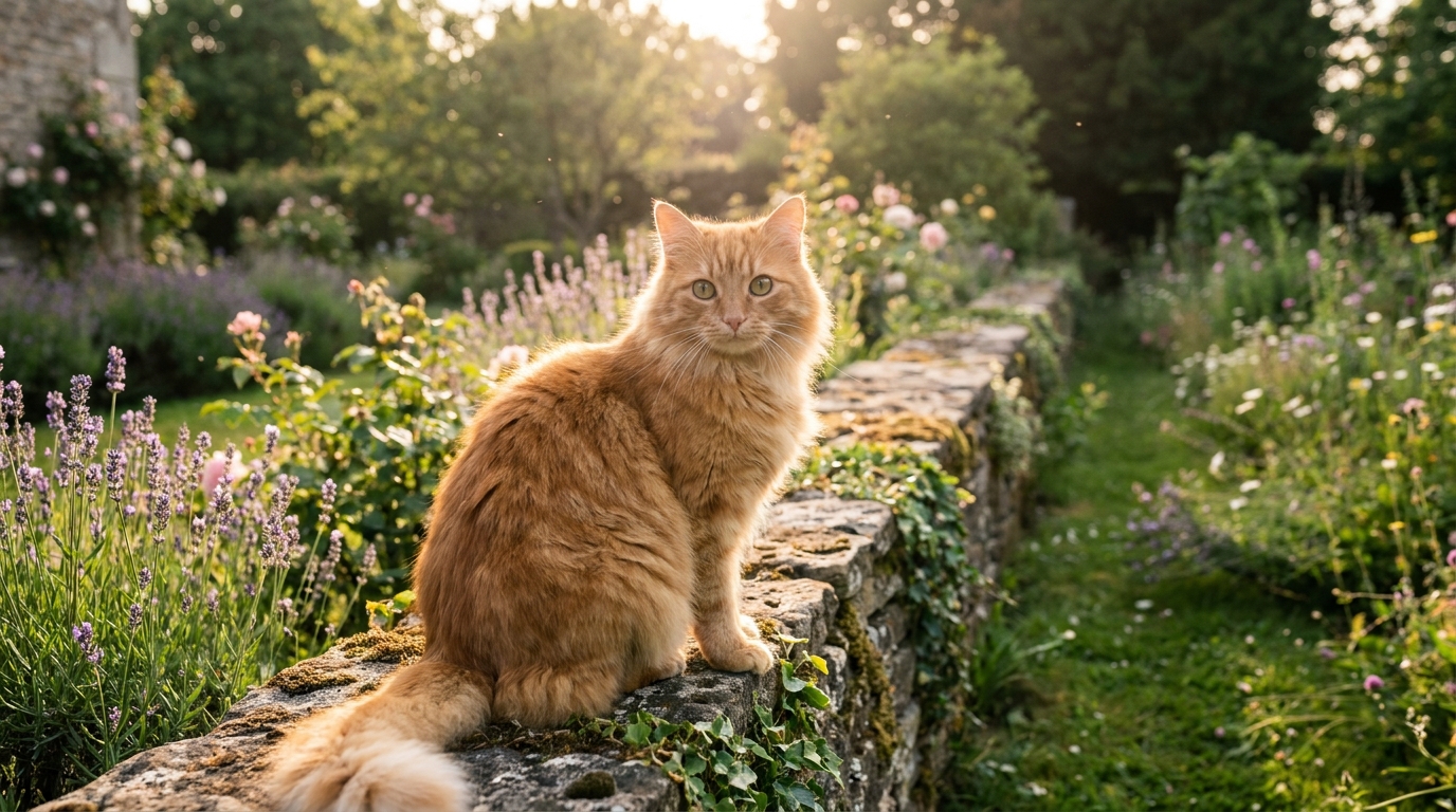 Un magnifique chat roux est assis sur une clôture en bois, regardant curieusement le jardin voisin avec une expression innocente.