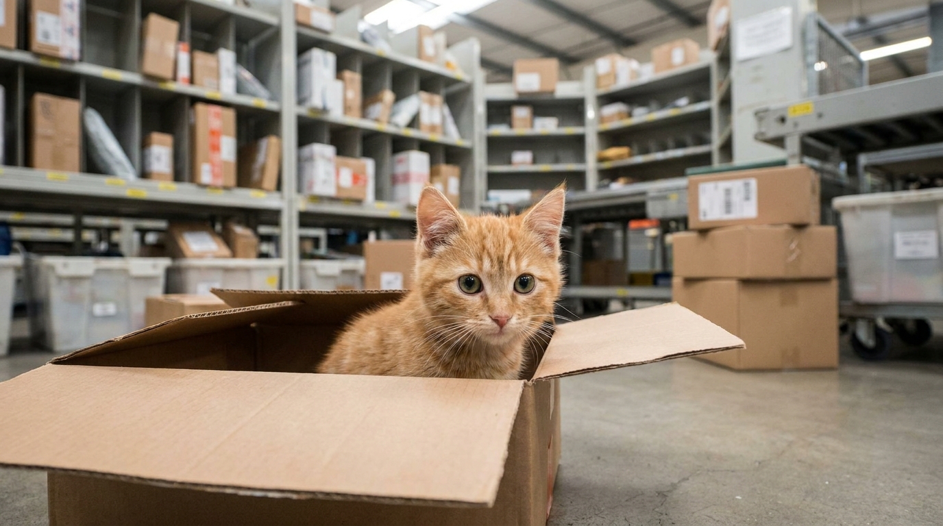 Un adorable chat tigré regarde avec de grands yeux curieux depuis une boîte en carton ouverte, symbolisant son sauvetage miraculeux.