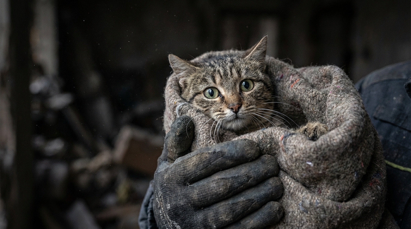 Un chat tigré aux yeux inquiets est tenu avec douceur par une personne portant des gants, après avoir été sauvé d'une situation de maltraitance.
