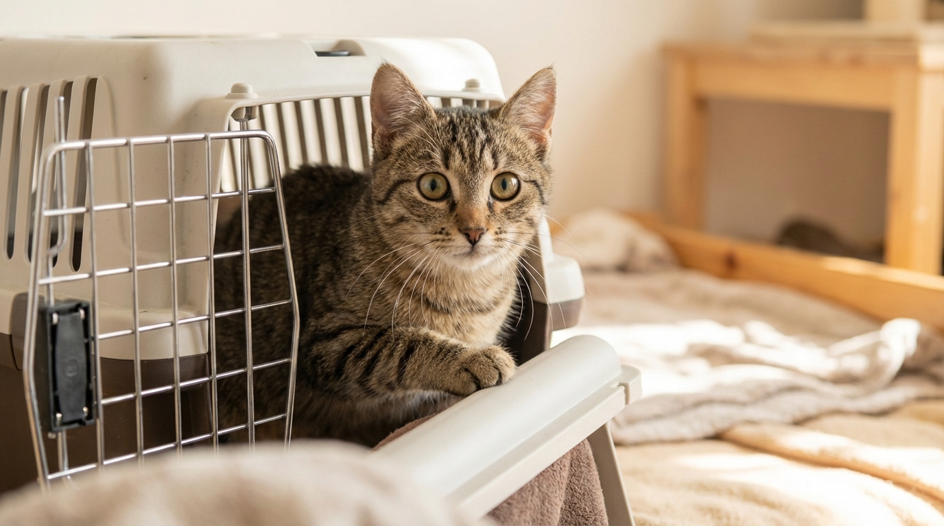 Un jeune chat tigré regarde à travers les barreaux d'une cage de transport propre, ses yeux remplis d'un mélange de timidité et d'espoir.