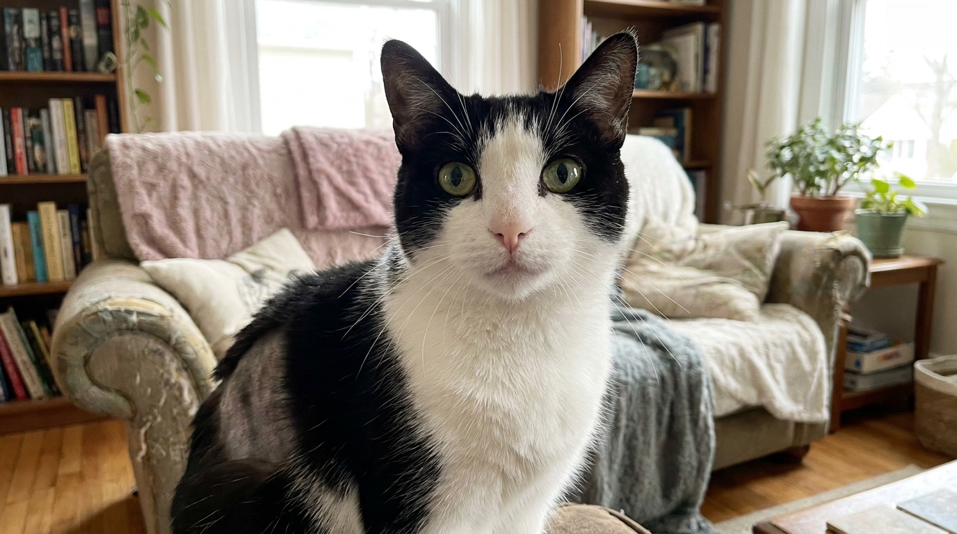 Un chat au pelage noir et blanc, visiblement secoué mais en sécurité, regardant l'objectif avec de grands yeux expressifs.