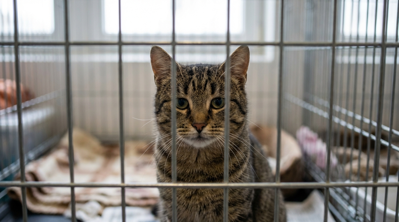 Un chat tigré au regard interrogateur est assis dans une cage de refuge, symbolisant l'histoire poignante de Sacha à Morlaix.