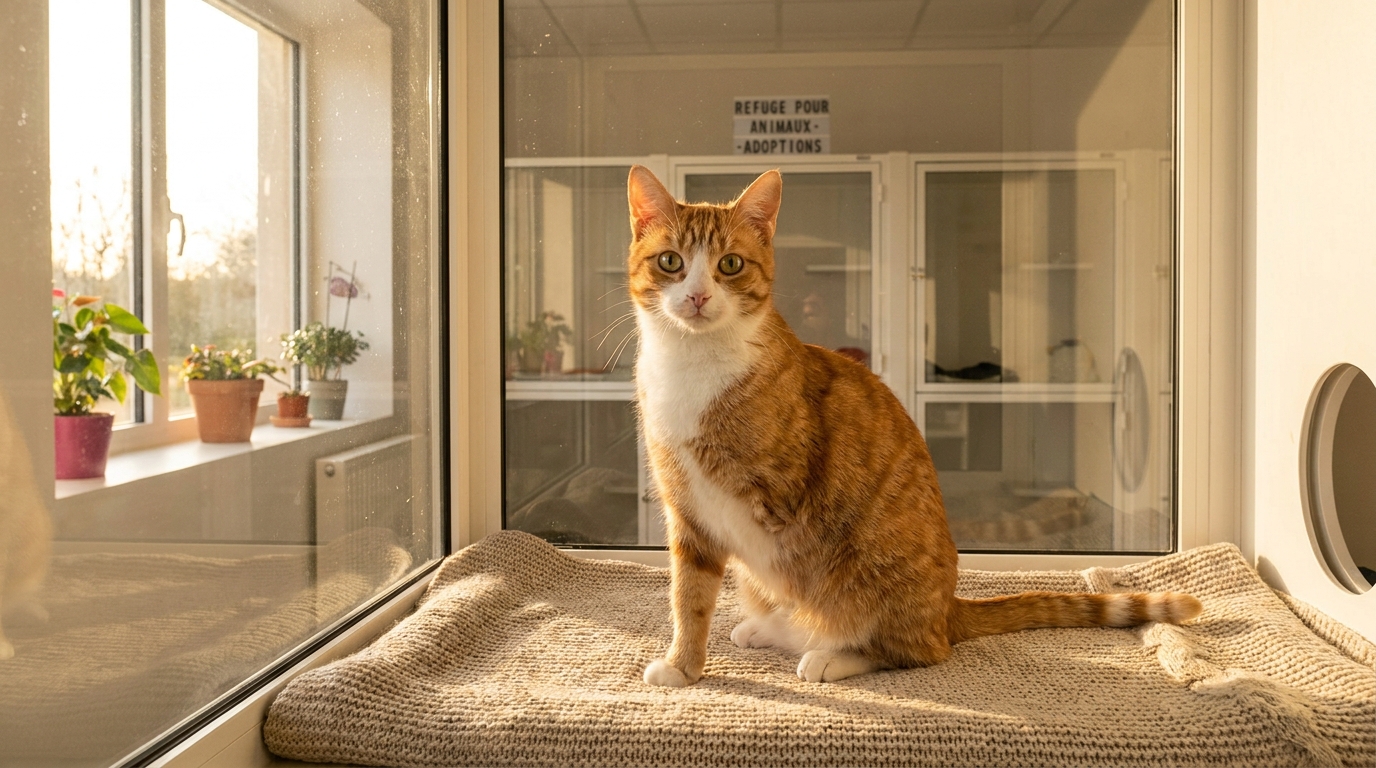 Un chat tigré au regard doux, assis dans un refuge, il lui manque une patte avant, symbolisant sa résilience.