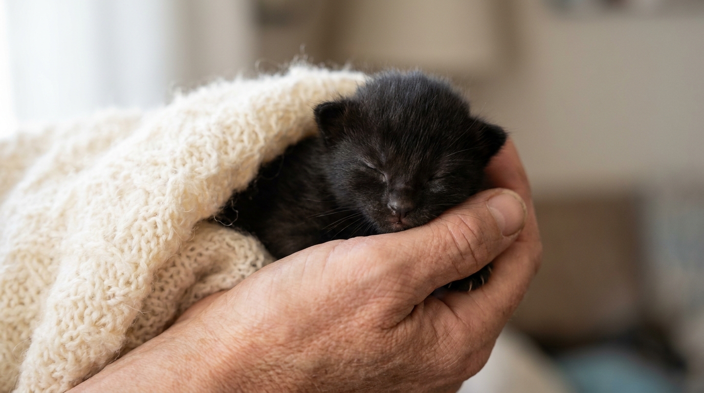 Un minuscule chaton noir nouveau-né, blotti dans une couverture chaude après son sauvetage.