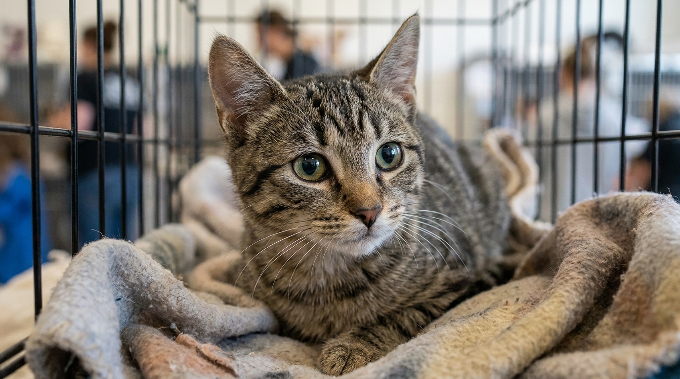 Un jeune chat au regard triste et implorant, dans une cage de refuge, symbolisant le sauvetage d'animaux maltraités.