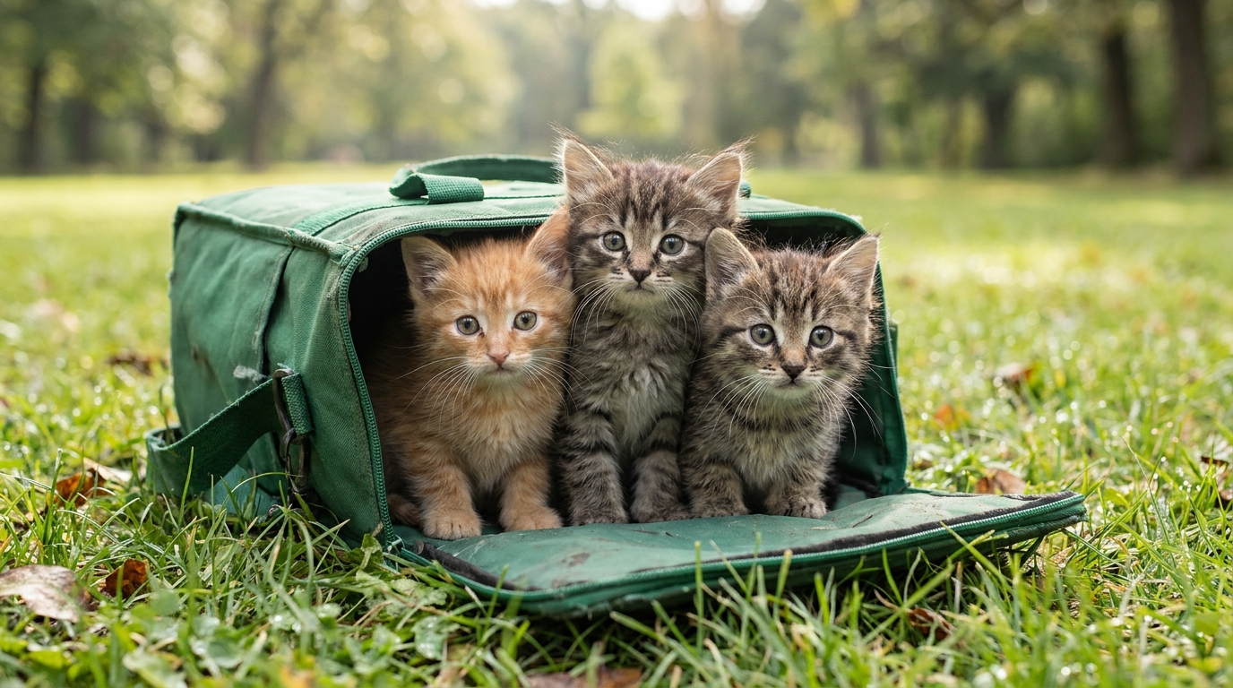 Trois adorables chatons, dont un roux, se blottissent les uns contre les autres pour se réchauffer à l'intérieur d'un sac vert ouvert.