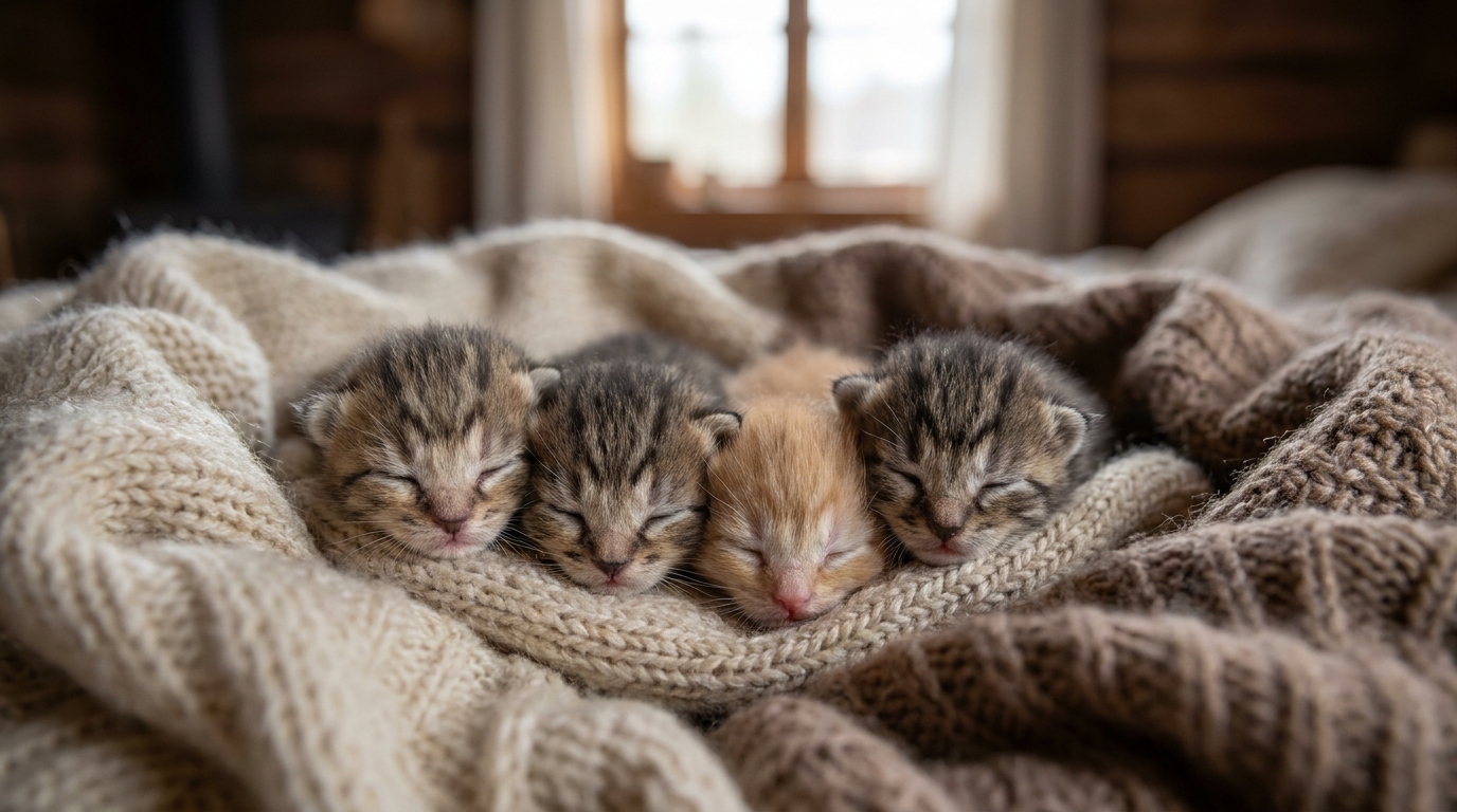 Quatre minuscules chatons nouveau-nés blottis les uns contre les autres dans une couverture douce après avoir été sauvés.