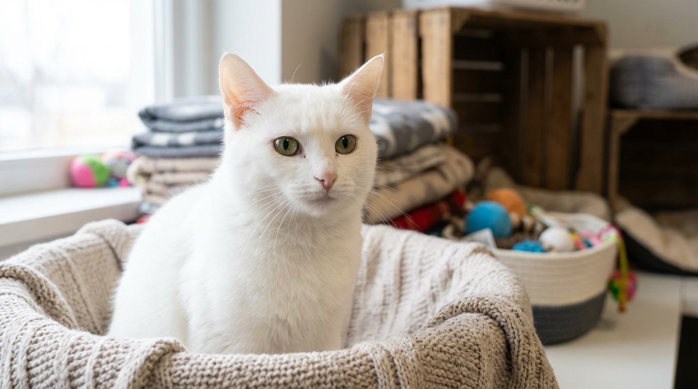 Une chatte blanche nommée Daisy, au regard mélancolique, est couchée dans un panier au sein d'un refuge après son abandon.