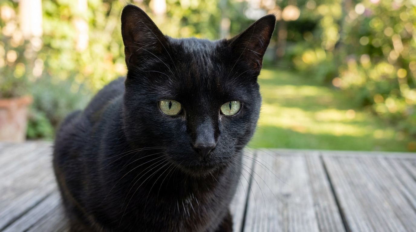 Gros plan sur Kunta, une magnifique chatte noire aux yeux verts, assise calmement et regardant l'objectif avec douceur et espoir.