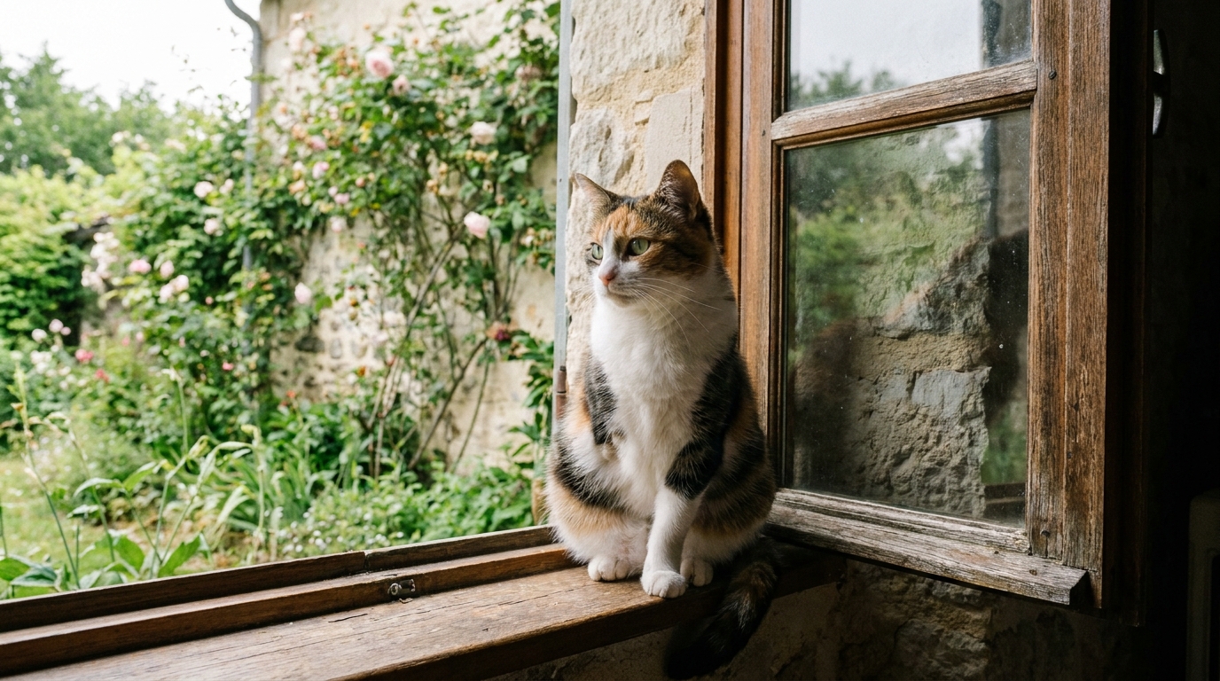 Une jeune chatte rousse et blanche à trois pattes, assise sur un muret en pierre, regarde l'objectif avec un air serein et courageux.