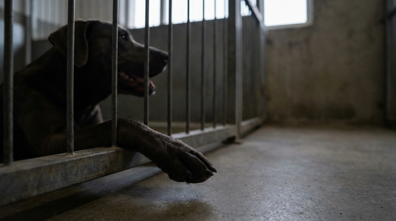 Un chien au pelage sombre, le regard rempli de tristesse, passe sa patte à travers les barreaux de son box dans un refuge.