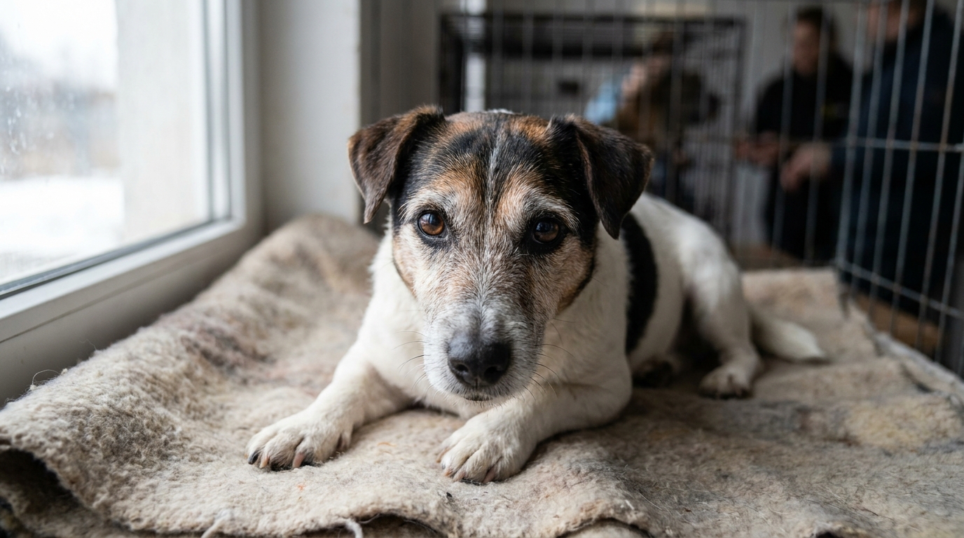 Un vieux chien de type Jack Russel au regard doux et mélancolique, attendant une adoption dans son box de refuge.