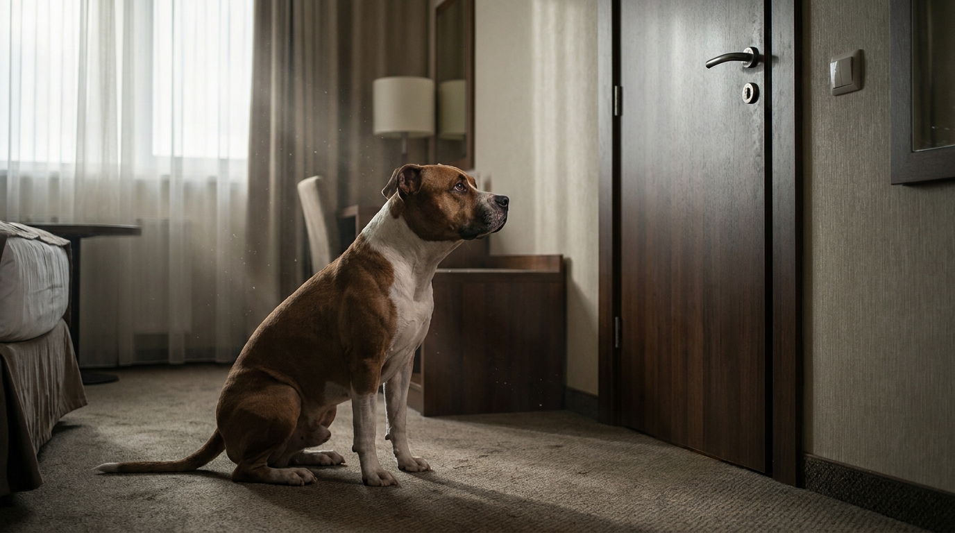Un chien de type American Staff au regard triste, assis sagement sur le sol d'une chambre d'hôtel, attendant seul près de la porte.