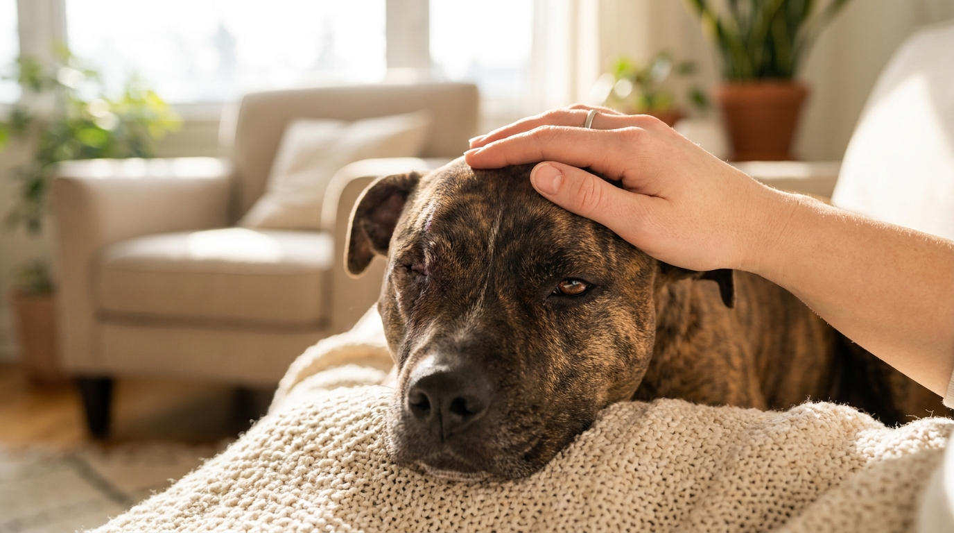 Un chien de type American Staff au regard doux, avec une cicatrice à la place d'un œil, reçoit une caresse réconfortante sur la tête.