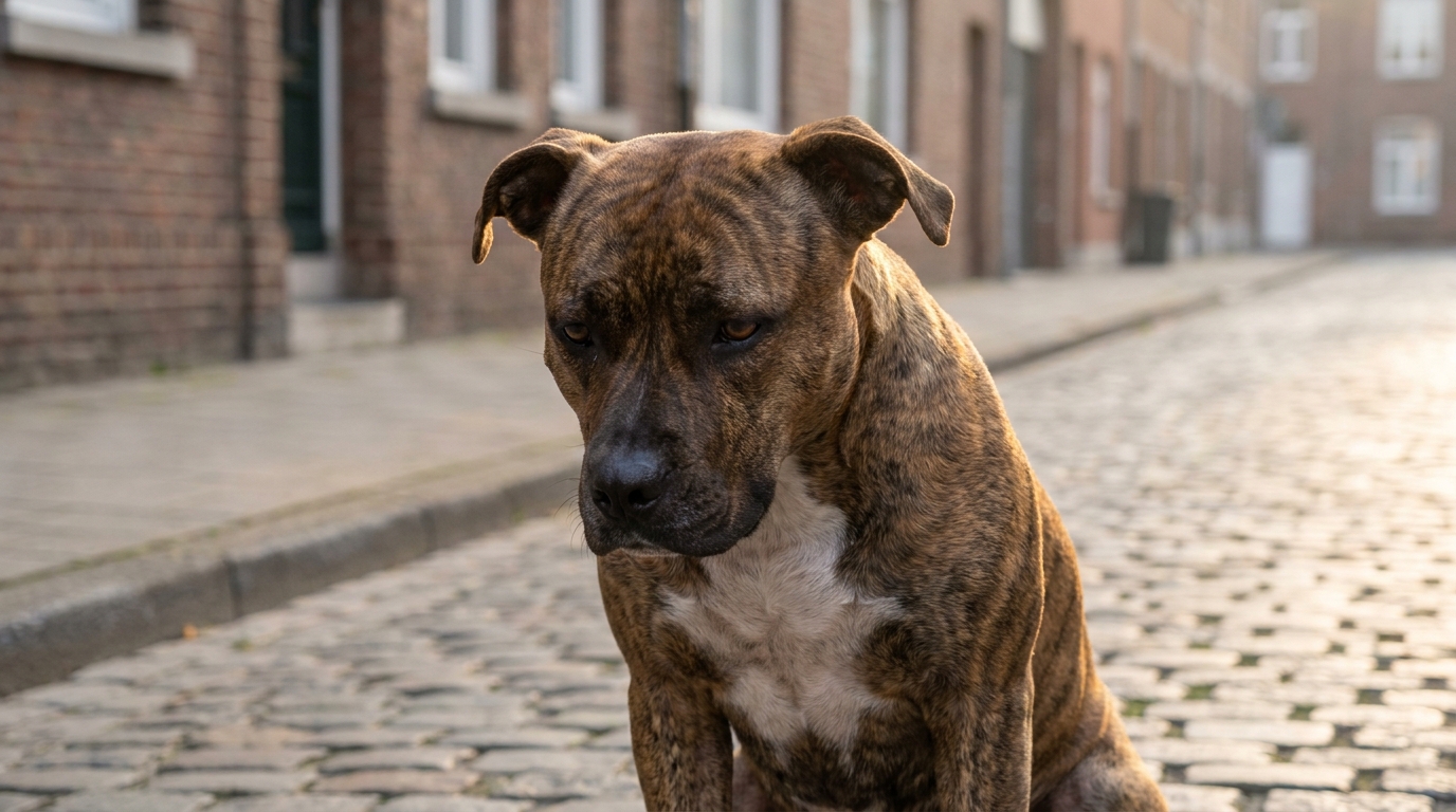 Un chien de type American Staff au regard triste, assis sagement, symbolisant l'innocence victime de la violence humaine.