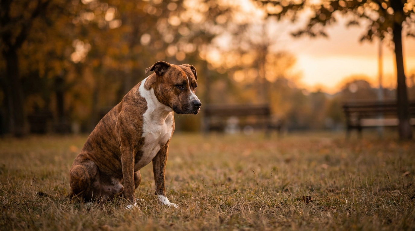 Un chien de type American Staff assis dans l'herbe, le regard mélancolique, symbolisant la tristesse et l'injustice animale.