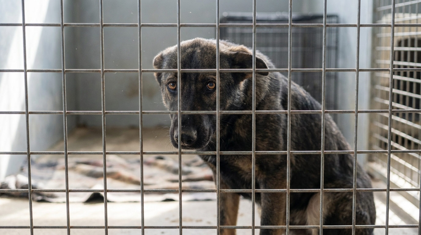 Narcos, un jeune chien croisé Berger au regard triste, attend derrière la grille de son enclos au refuge, espérant une adoption.
