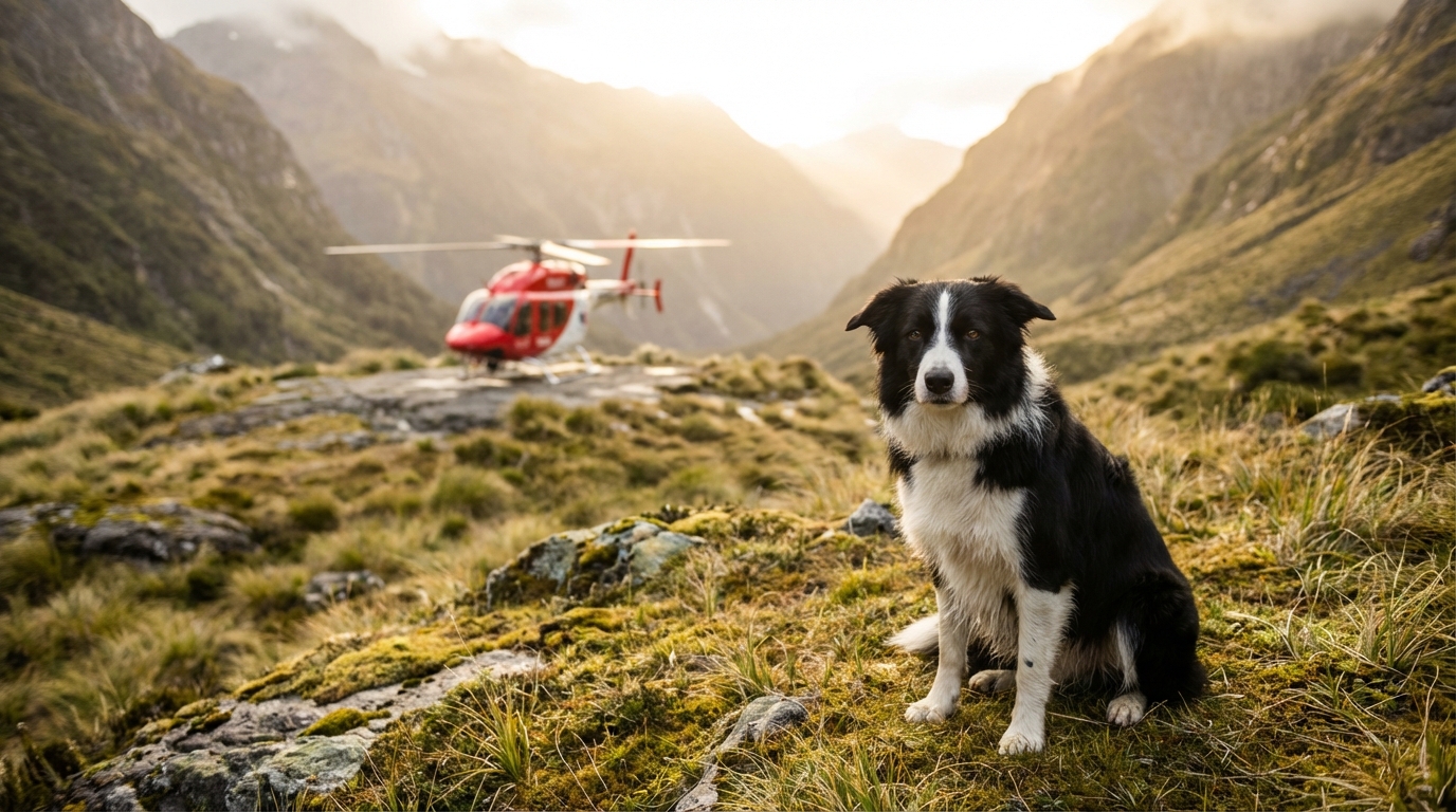 Un chien de type Border Collie, l'air soulagé, assis près d'un hélicoptère de sauvetage dans un paysage montagneux escarpé.