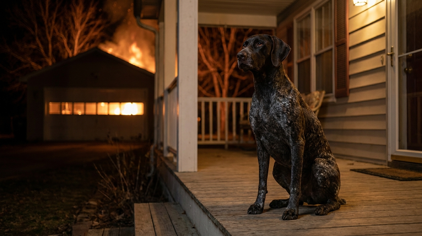 Un chien de race Braque Allemand assis sur un porche la nuit, l'air vigilant et protecteur, regardant au loin.