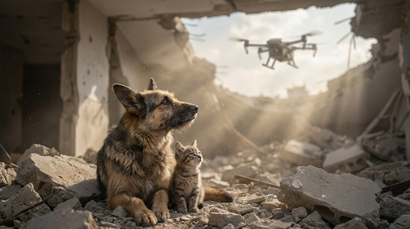 Un chien et un chat regardent avec espoir un drone de sauvetage qui s'approche d'eux dans une zone de conflit.