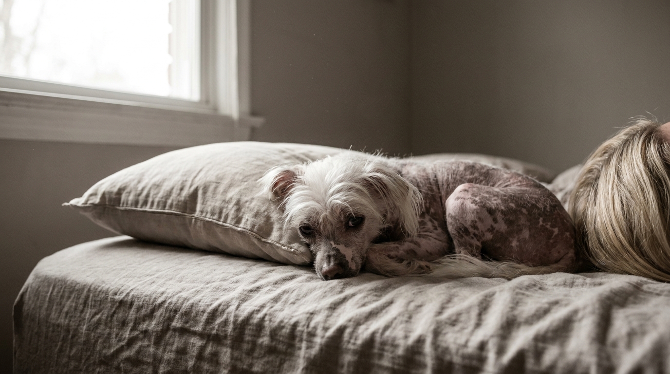 Un petit chien chinois à crête, assis sur un canapé, regarde par la fenêtre avec une expression de tristesse et d'attente.