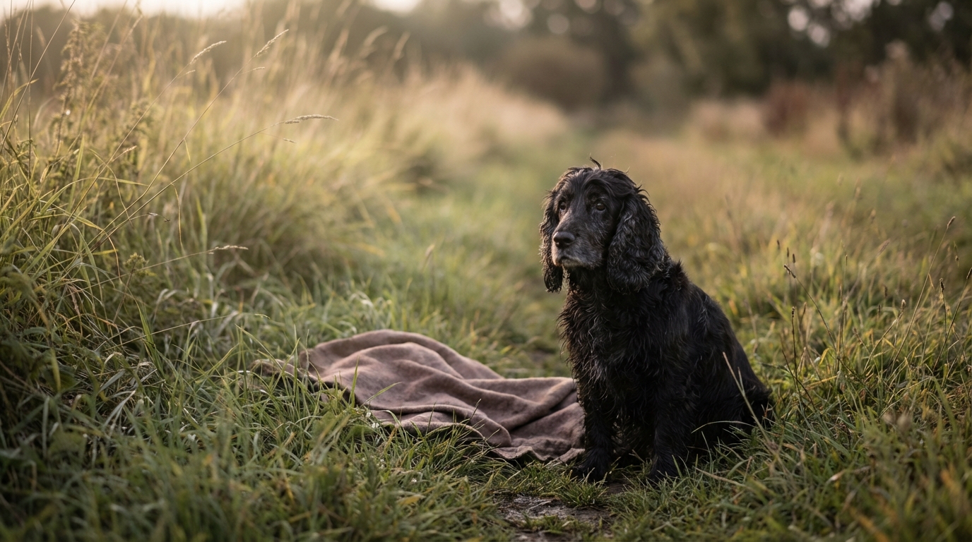 Un adorable cocker noir au regard mélancolique, assis sur une couverture, symbolisant l'espoir après l'abandon.