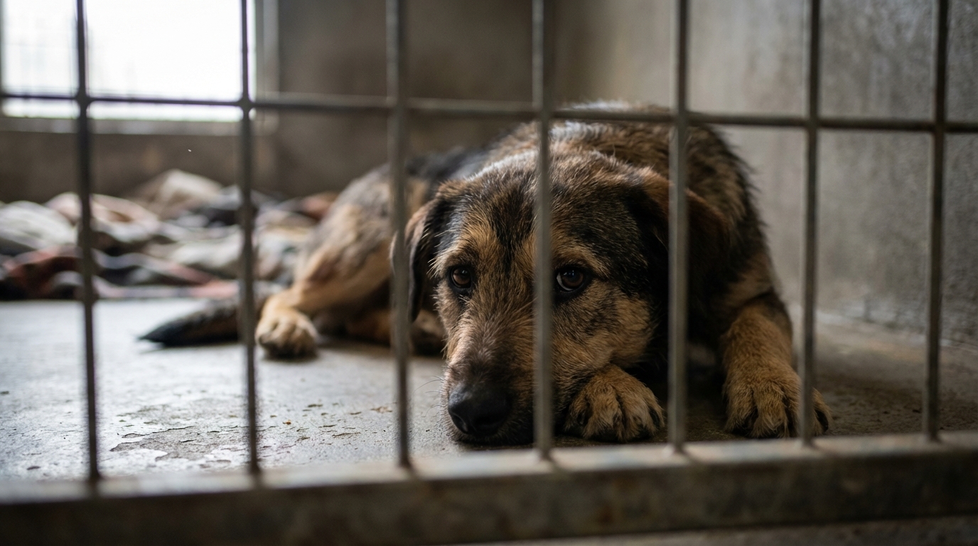 Un jeune chien de type croisé berger, au regard triste et mélancolique, couché dans un enclos de refuge, symbolisant la détresse animale.