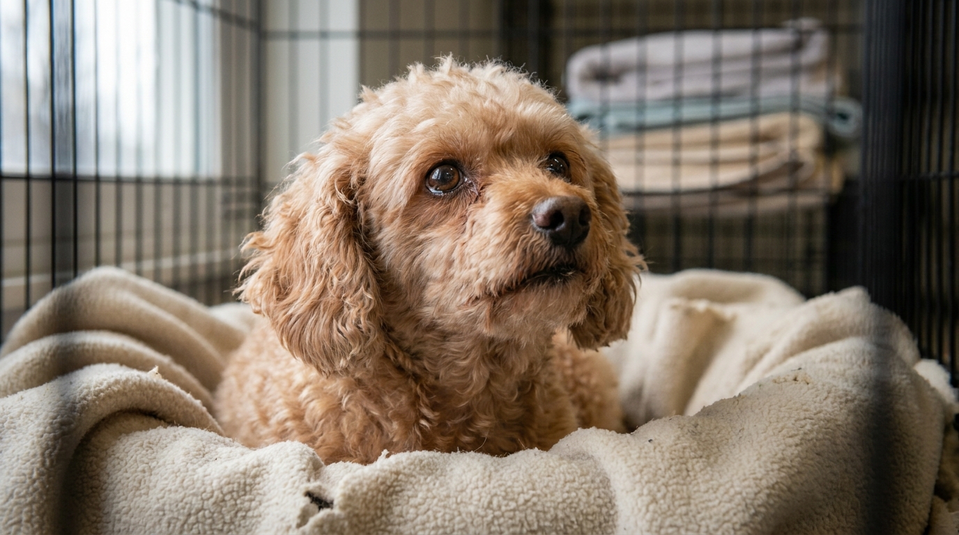 Un petit chien croisé caniche au poil emmêlé regarde tristement, blotti dans une couverture après son sauvetage.