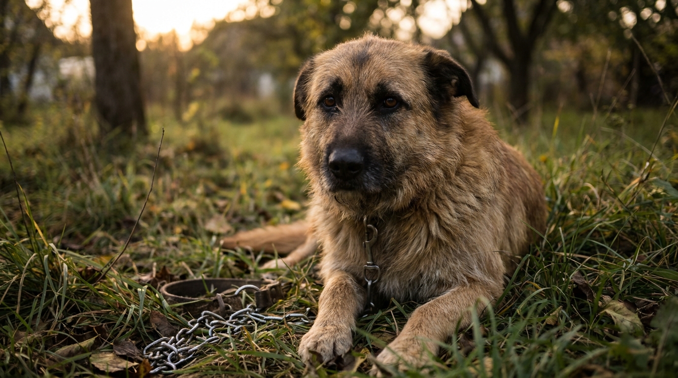 Un grand chien de type Malinois et Berger Allemand, l'air triste, est assis dans un jardin, attaché par une chaîne à sa niche.