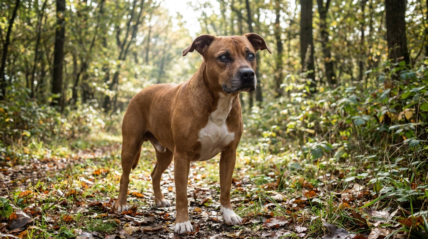Bobby, un chien croisé staff et braque aveugle, de couleur marron, l'air triste et perdu, dans un environnement naturel.