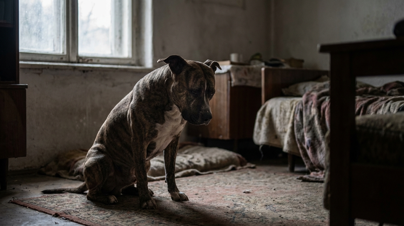 Un chien de type pitbull assis, le regard triste, symbolisant la tragédie de l'affaire Curtis et Elisa Pilarski.
