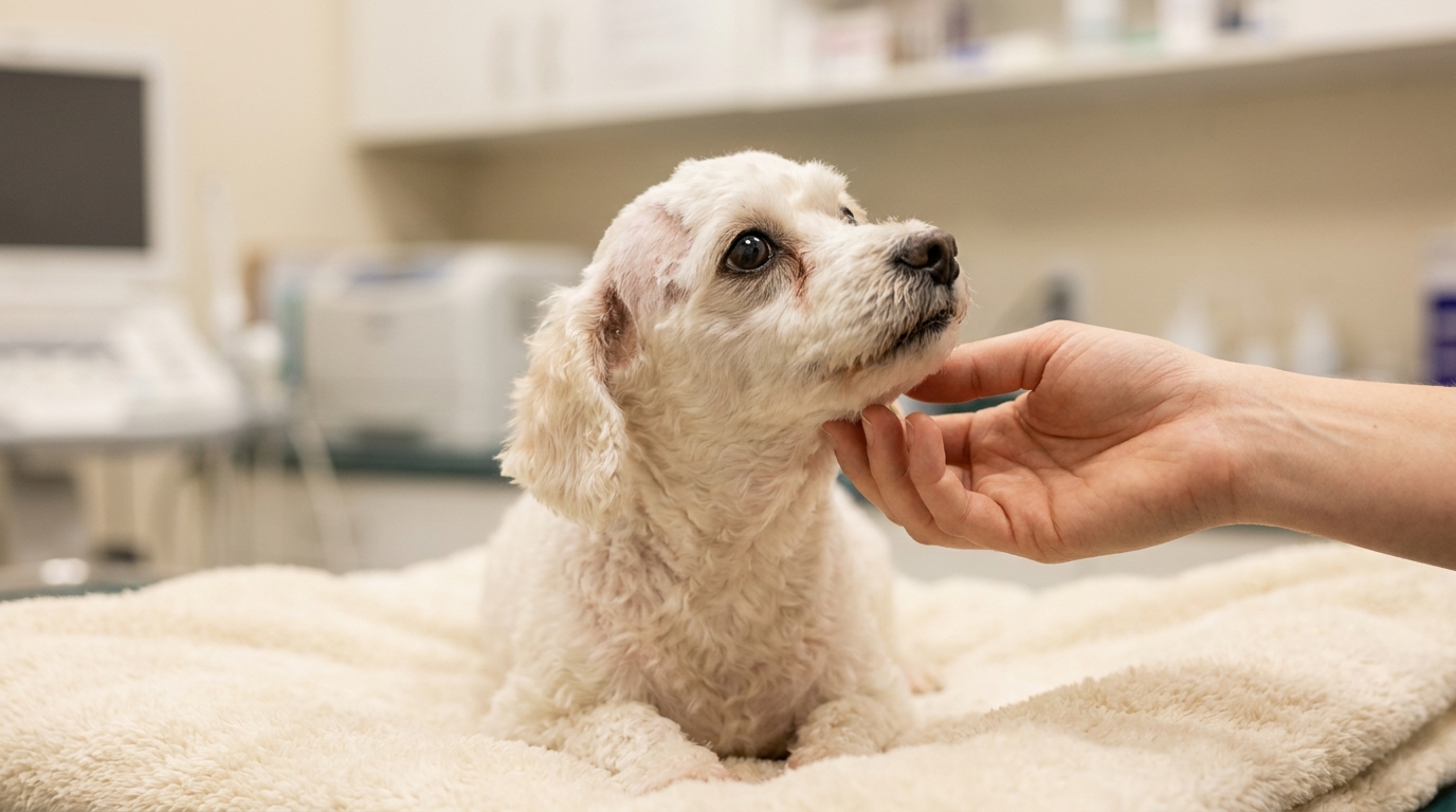 Un petit chien blanc aux poils frisés, l'air soulagé, regarde avec confiance un soignant dans une clinique vétérinaire après son sauvetage.