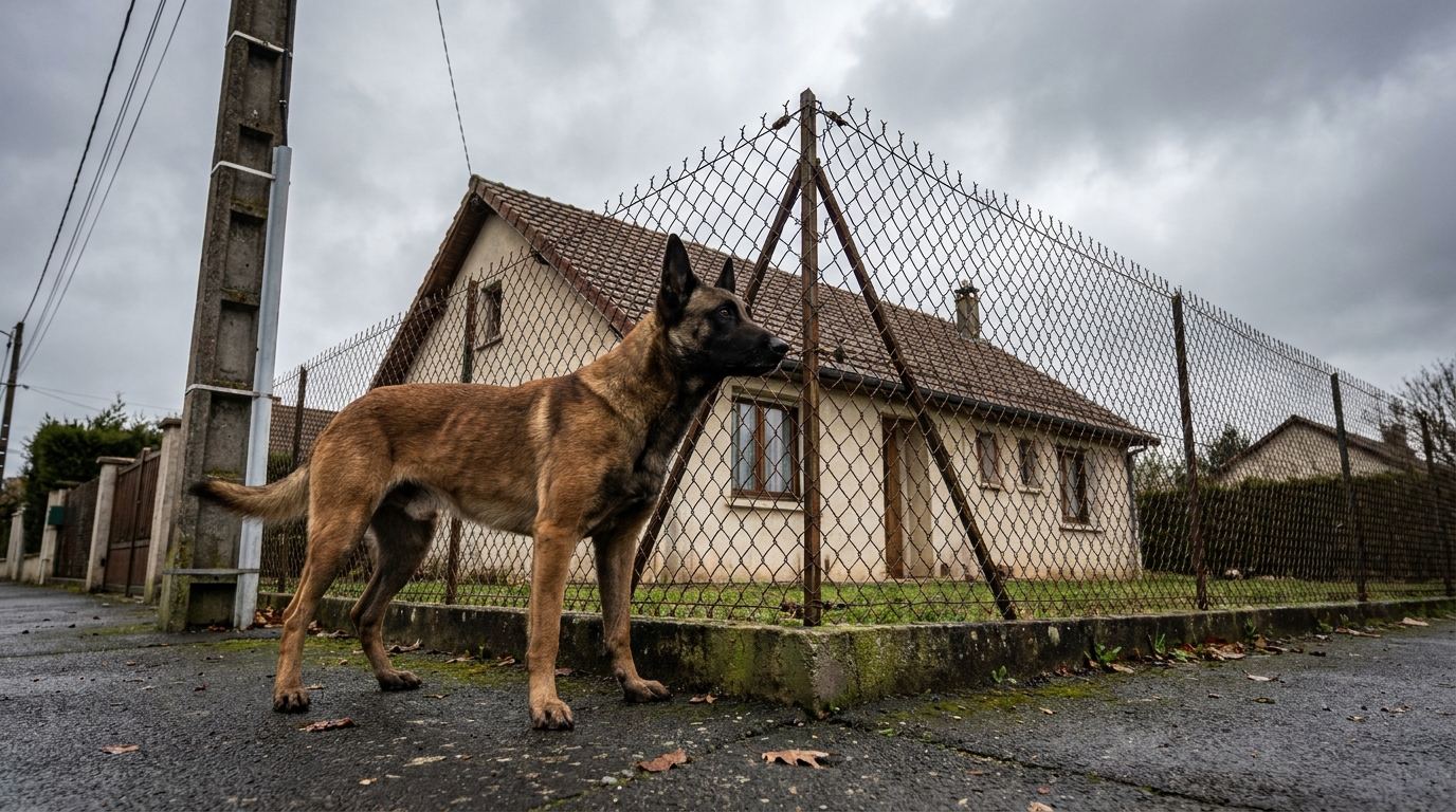 Un grand chien de type berger regarde intensément à travers une clôture en grillage d'une maison de banlieue en France, l'air tendu.