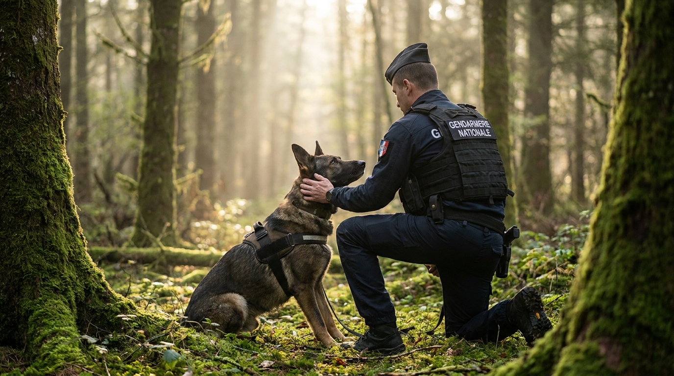 Un chien de la gendarmerie française, type berger allemand, en action de pistage dans une forêt, le museau au sol et très concentré.