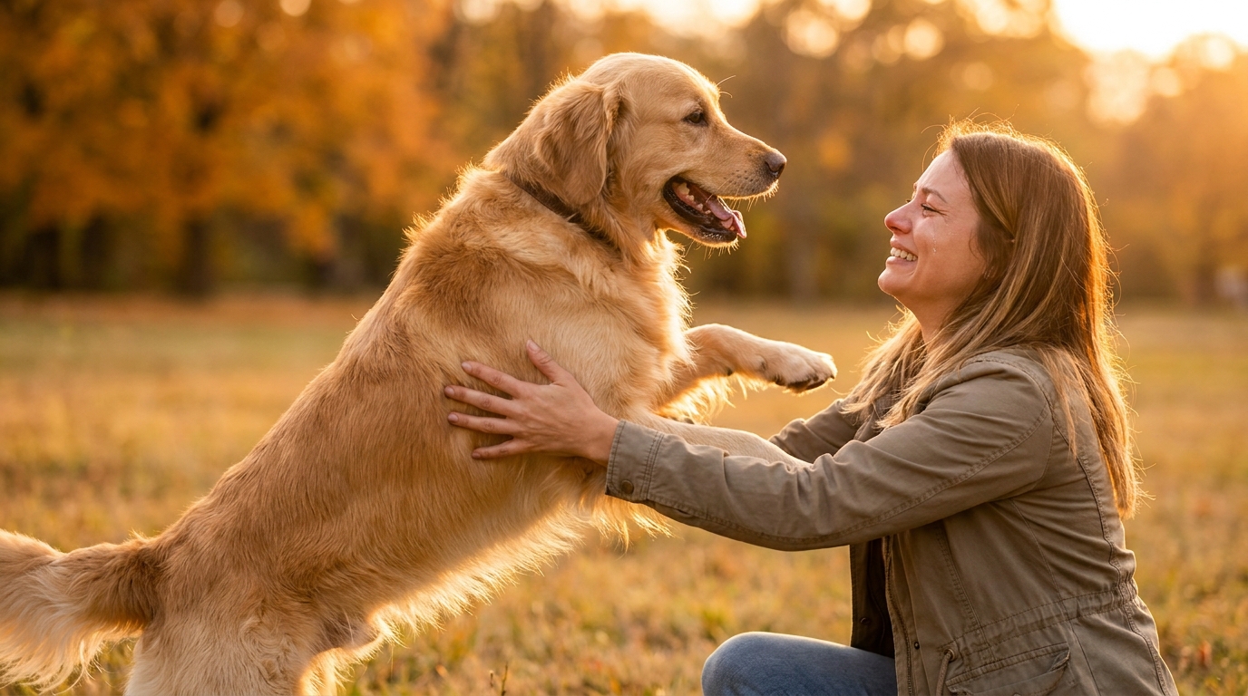Un Golden Retriever joyeux saute dans les bras de sa propriétaire en pleurs lors de retrouvailles émouvantes dans un parc.