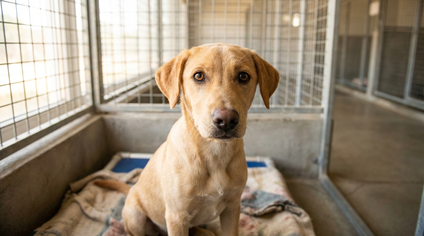 Le jeune chien Ice, au regard plein d'espoir, assis dans son box au refuge de la SPA, espérant trouver une nouvelle famille.
