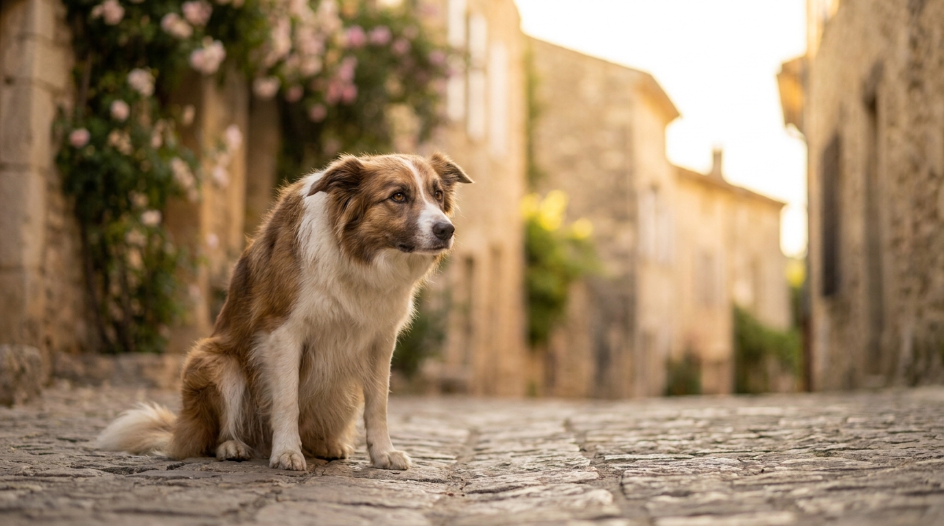Un chien de type berger, l'air anxieux, est assis sur le trottoir d'une rue pittoresque d'un village français, regardant au loin.