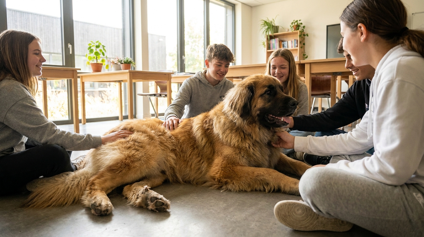 Un immense chien de race Léonberg couché paisiblement dans une salle de classe, des lycéens le caressent avec douceur.