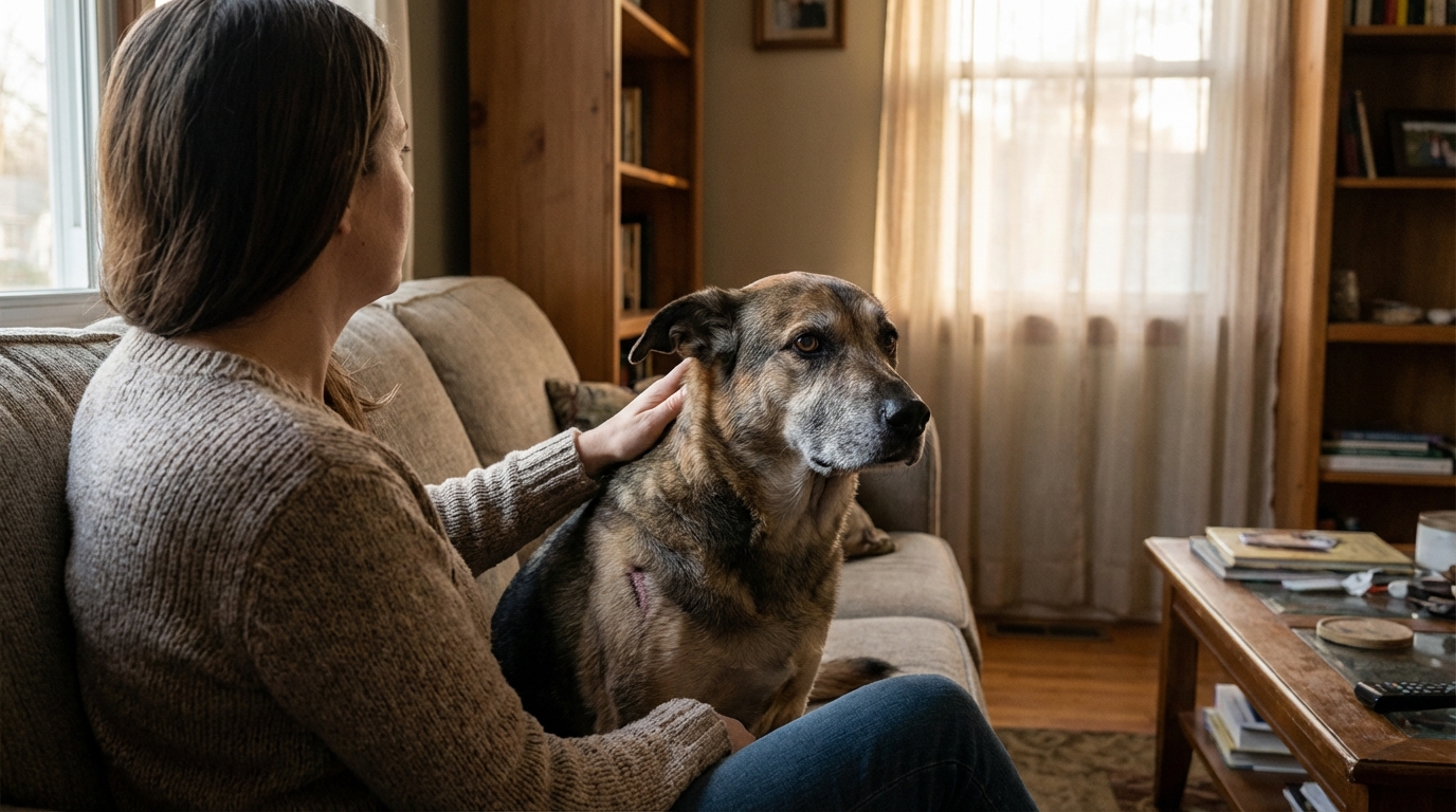 Un chien au regard protecteur et loyal se tient près de sa maîtresse assise sur un canapé, symbolisant le courage et la fidélité.