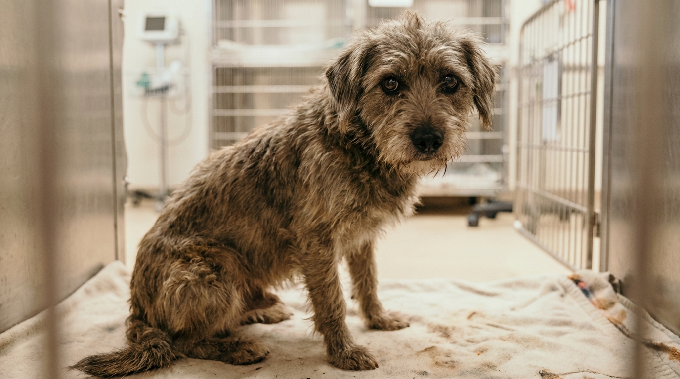 Un des cinq chiens sauvés, au regard triste mais plein d'espoir, montrant sa maigreur après avoir été secouru.