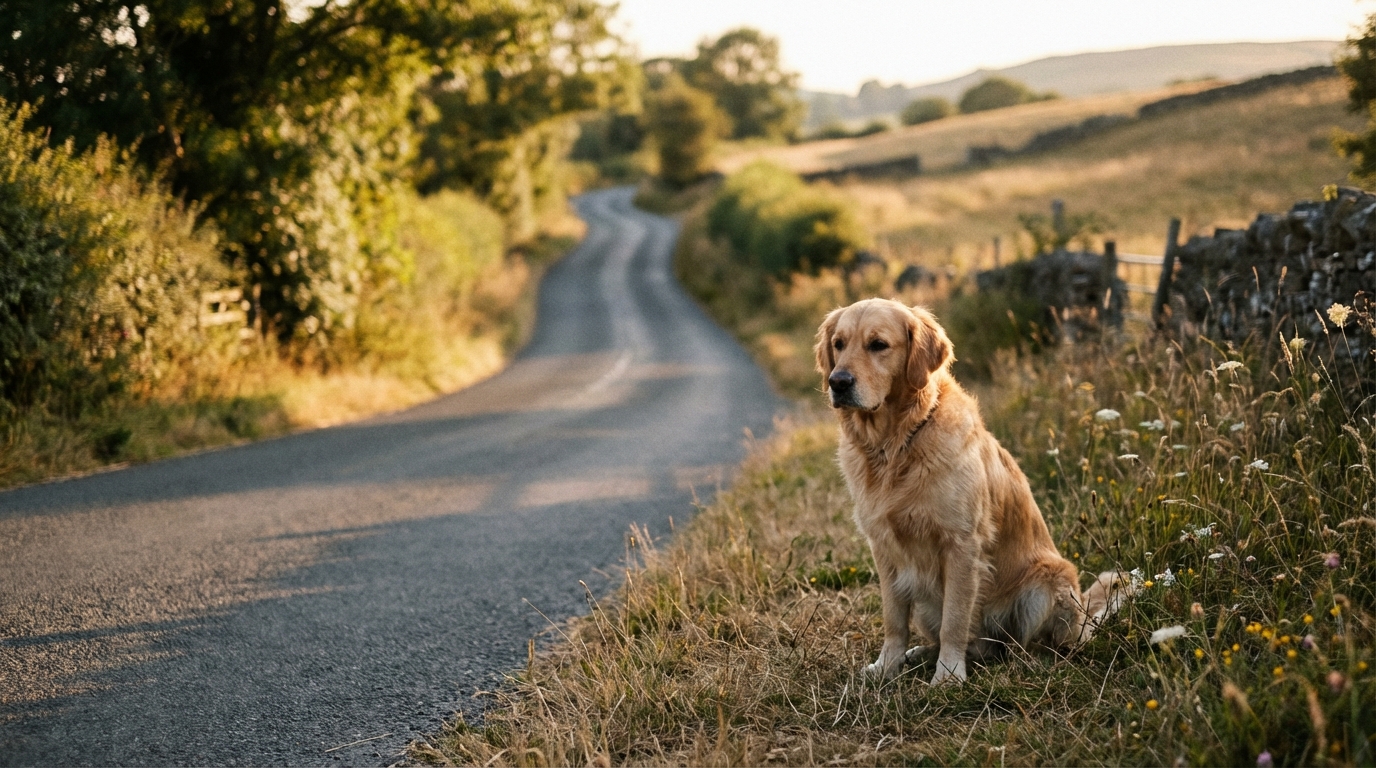 Un chien de taille moyenne se tient sur le bord d'une route de campagne, regardant au loin, symbolisant le danger d'un animal en divagation.