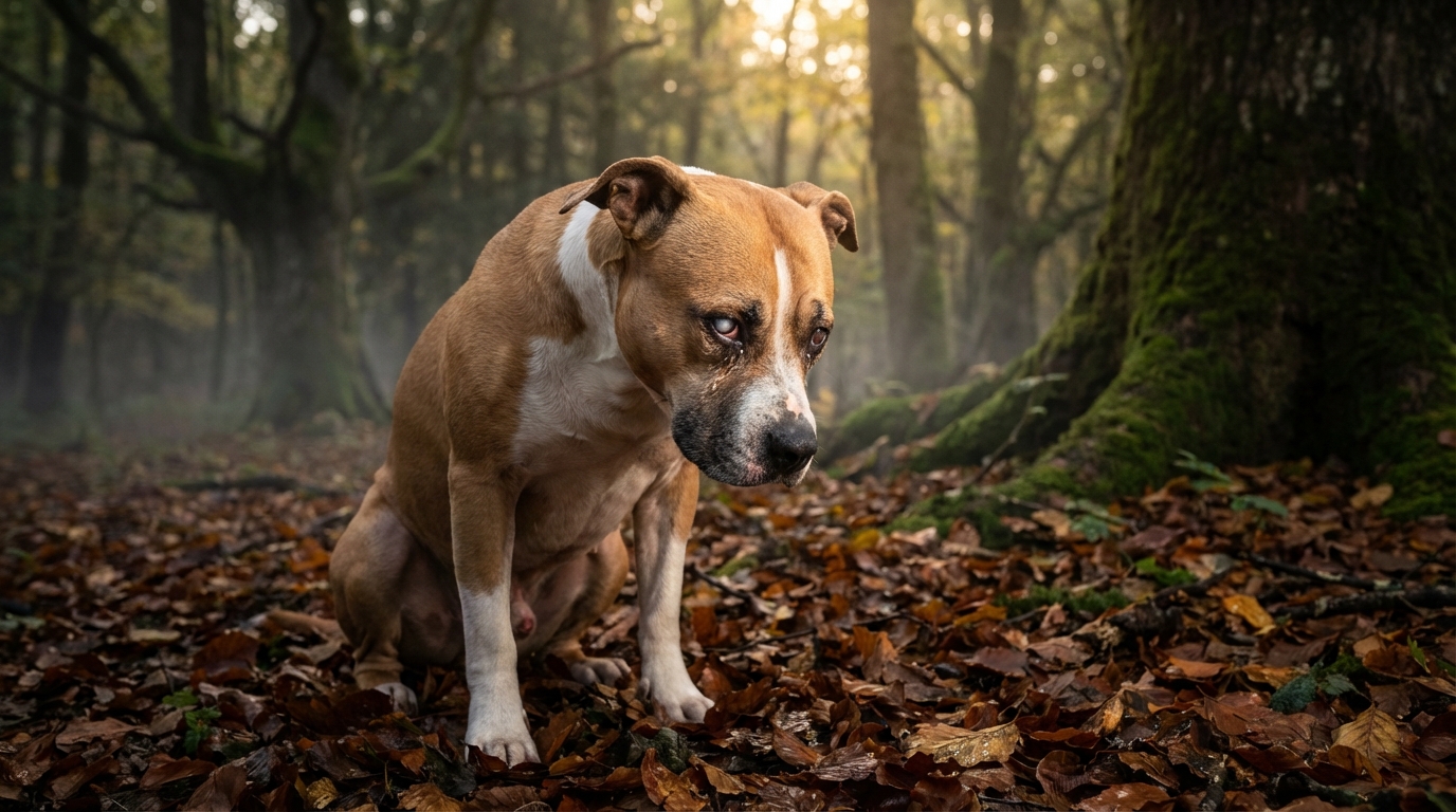 Un chien de type American Staffordshire Terrier assis dans une forêt d'automne, la tête baissée, avec une expression pensive et triste.