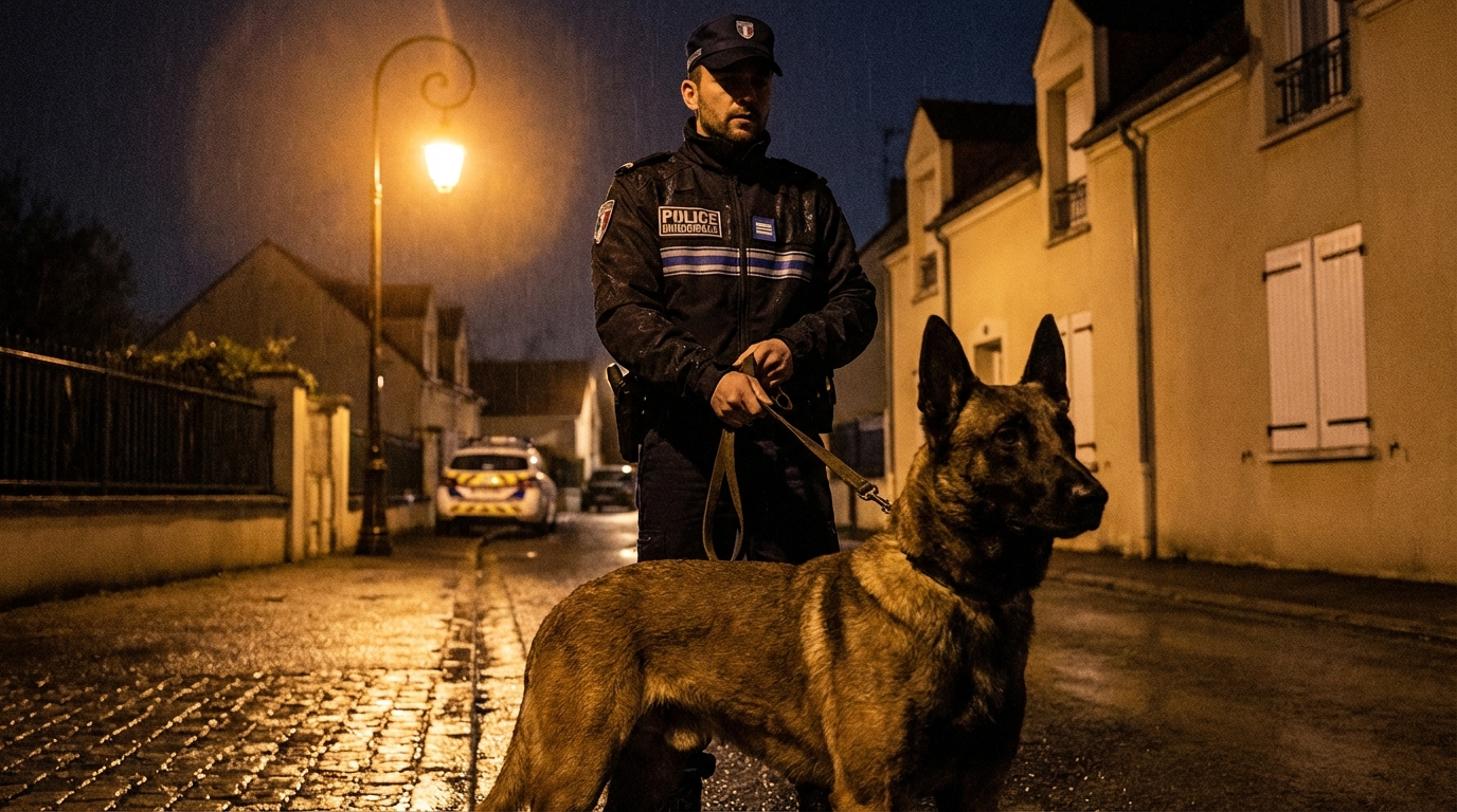 Un chien de la police municipale, de race Berger Malinois, en service aux côtés de son maître-chien en uniforme.