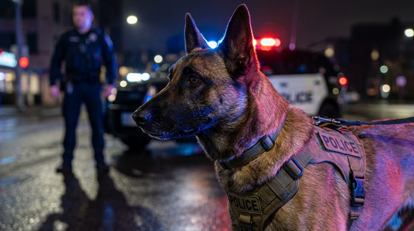Un chien de type malinois, harnaché pour une intervention policière, regarde attentivement dans la nuit, l'air concentré.