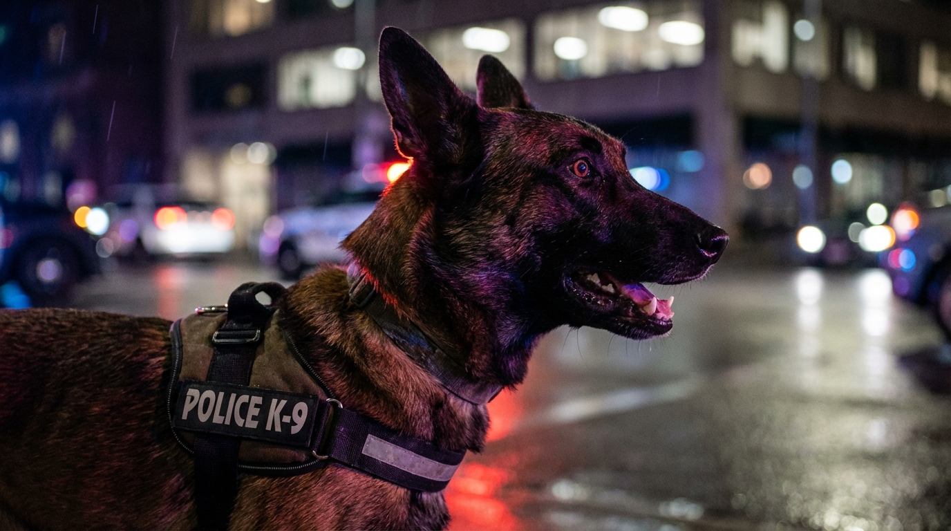 Un chien de race Malinois en service pour la police, le regard fixé et tendu, dans une scène nocturne éclairée par des gyrophares.