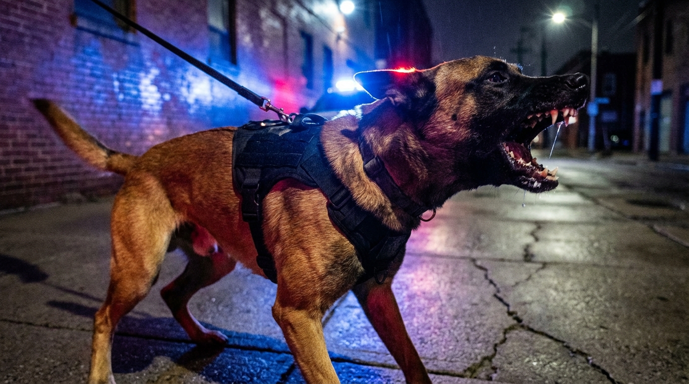 Un chien de race Malinois, en service pour la police, aboie intensément lors d'une intervention tendue la nuit.