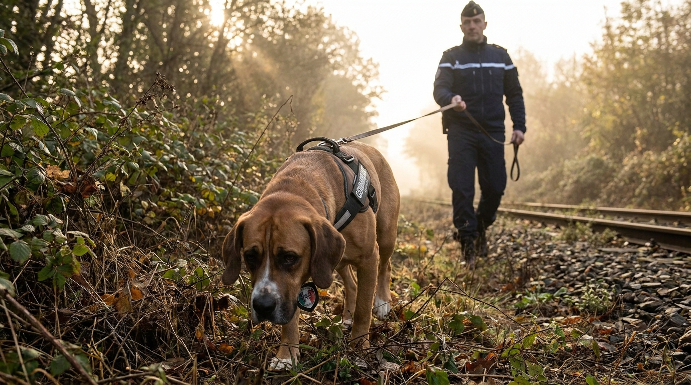 Un chien de race Saint-Hubert, au regard concentré, suit une piste en forêt avec son maître-chien en uniforme de gendarme.