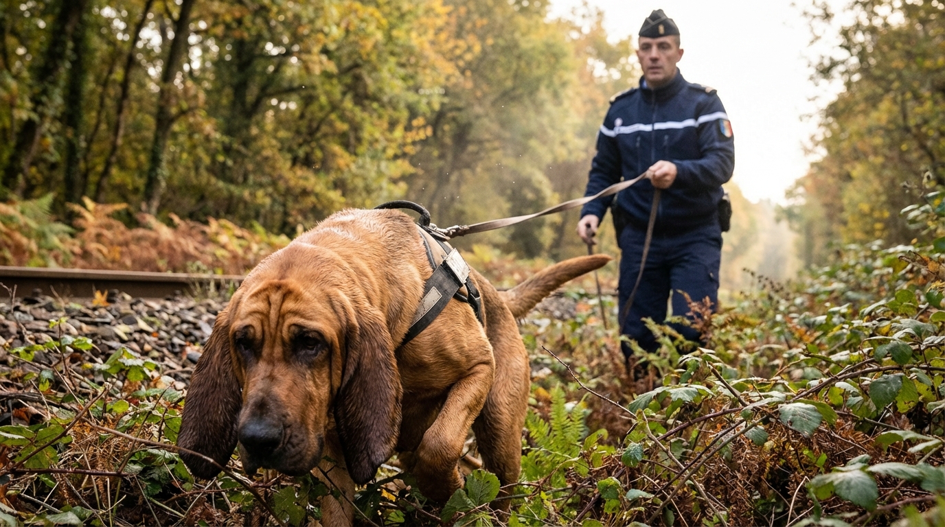 Un chien de recherche de race Saint-Hubert, concentré, suivant une piste en forêt avec son maître-chien en uniforme.